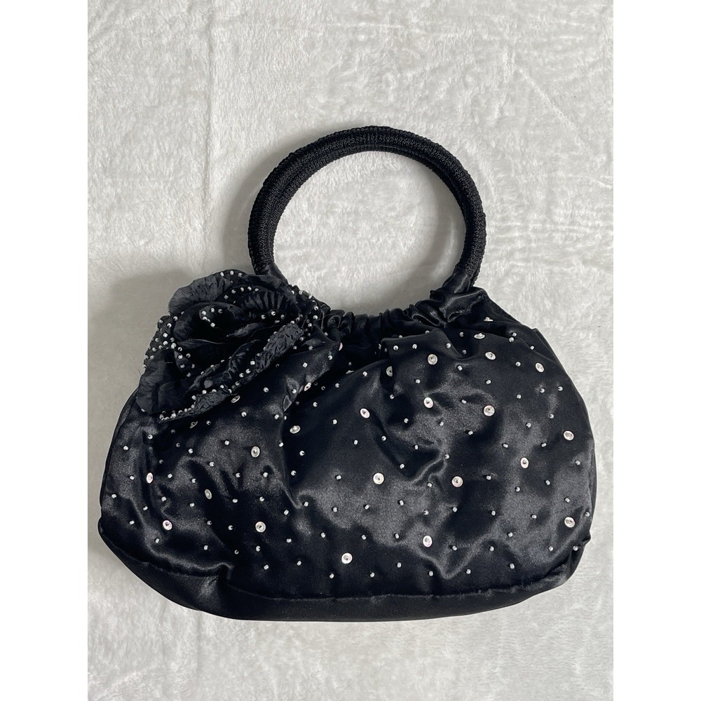 Black Beaded Evening wedding party  Purse/Handbag‎ Hoop Handles Satin Feel